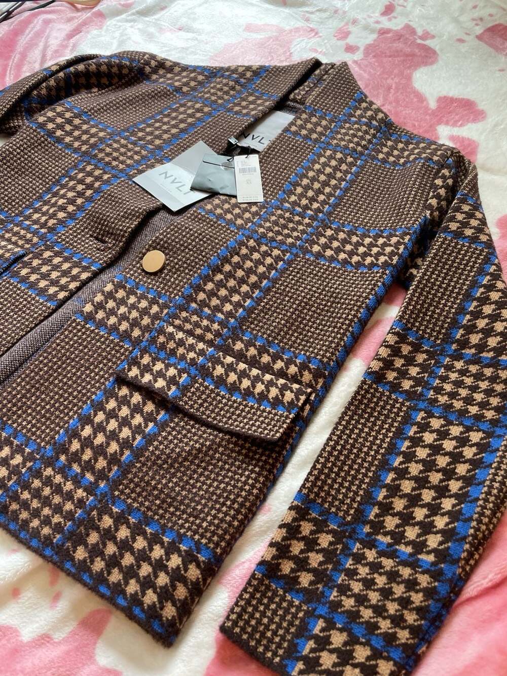 NVLT Anthropologie Houndstooth Knit Jacket Brown Blue Size XS
